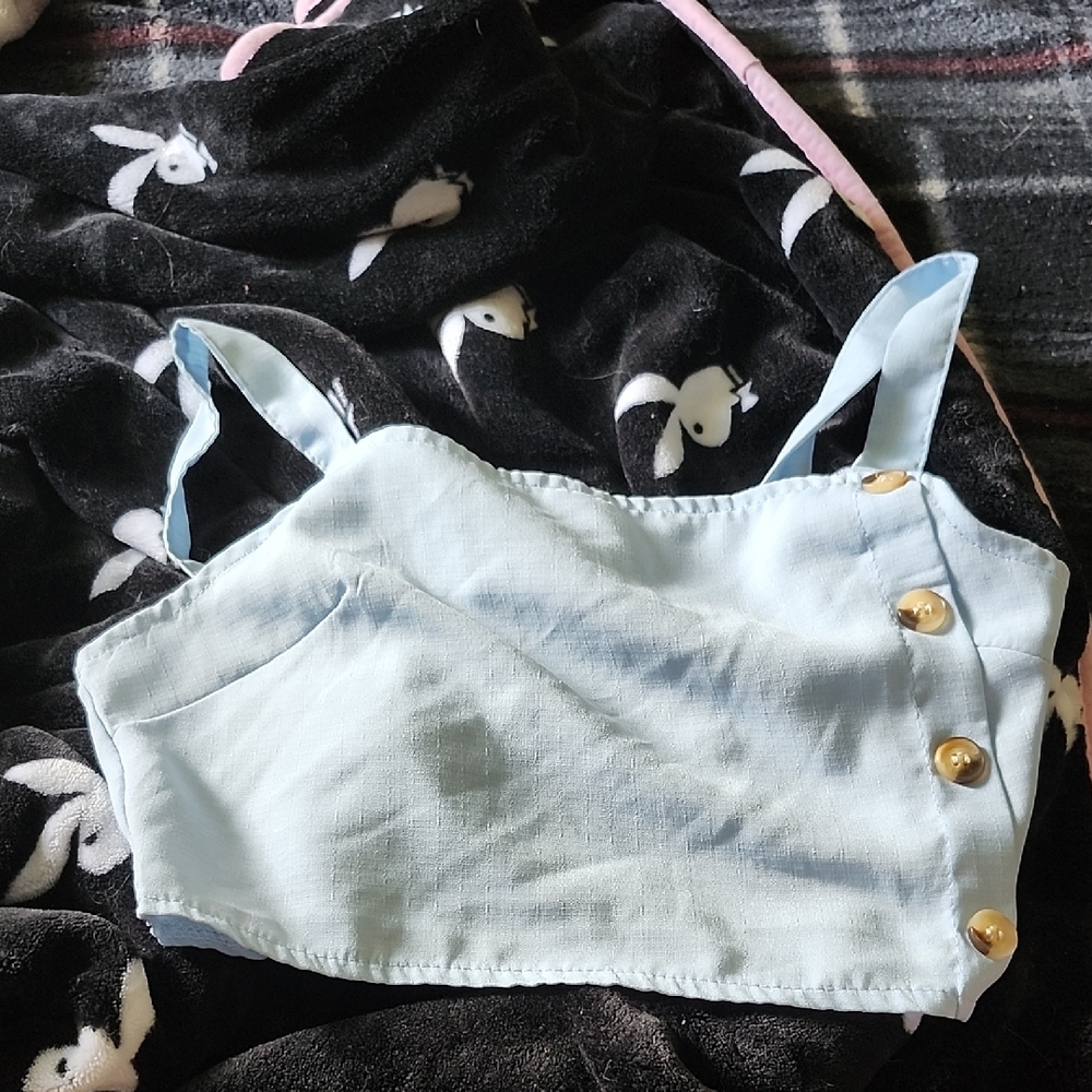 SHEIN Light Blue Crop Top with Gold Buttons